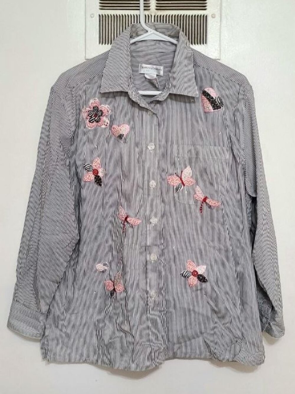 Striped Butterfly Embroidered Button‑Up